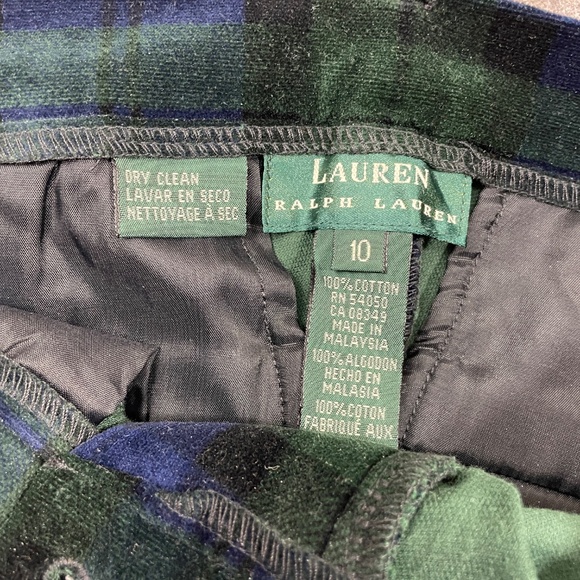 Lauren Ralph Lauren 10 Plaid Green Blue Velour Pants 100% Cotton Zipper - Picture 2 of 5